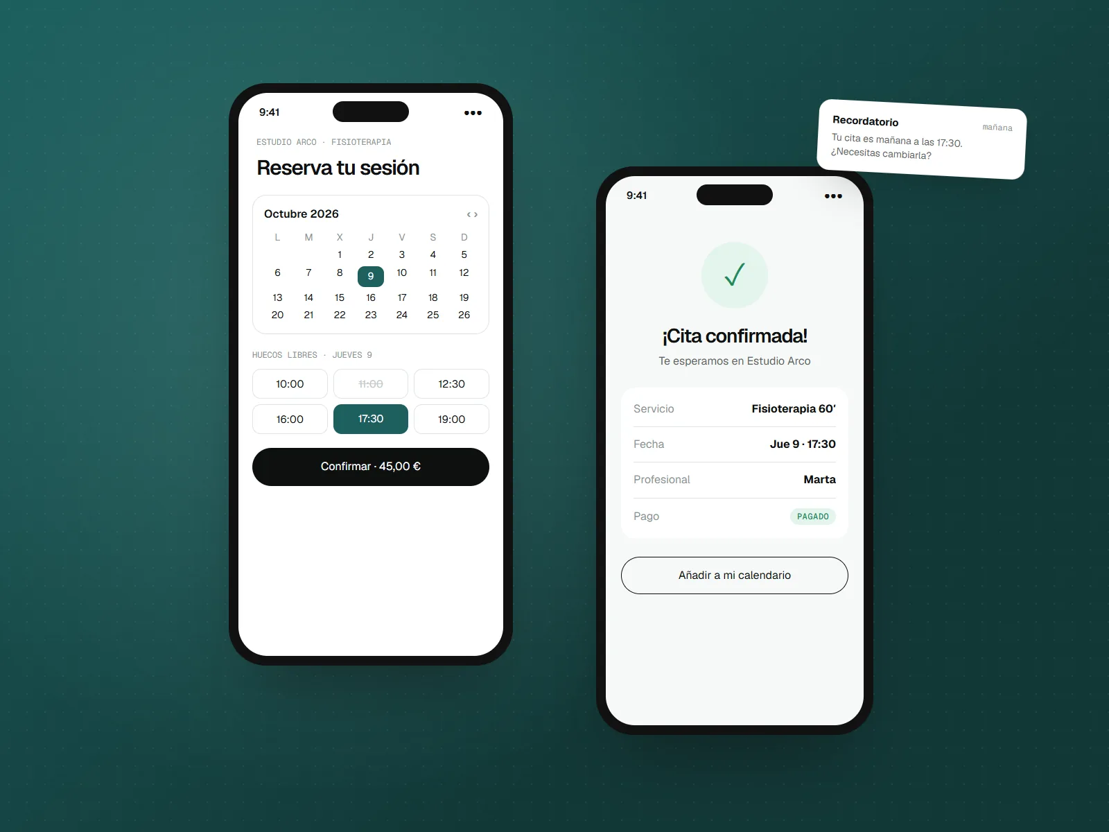 App móvil de reservas para un centro de fisioterapia: calendario, hueco elegido y cita confirmada