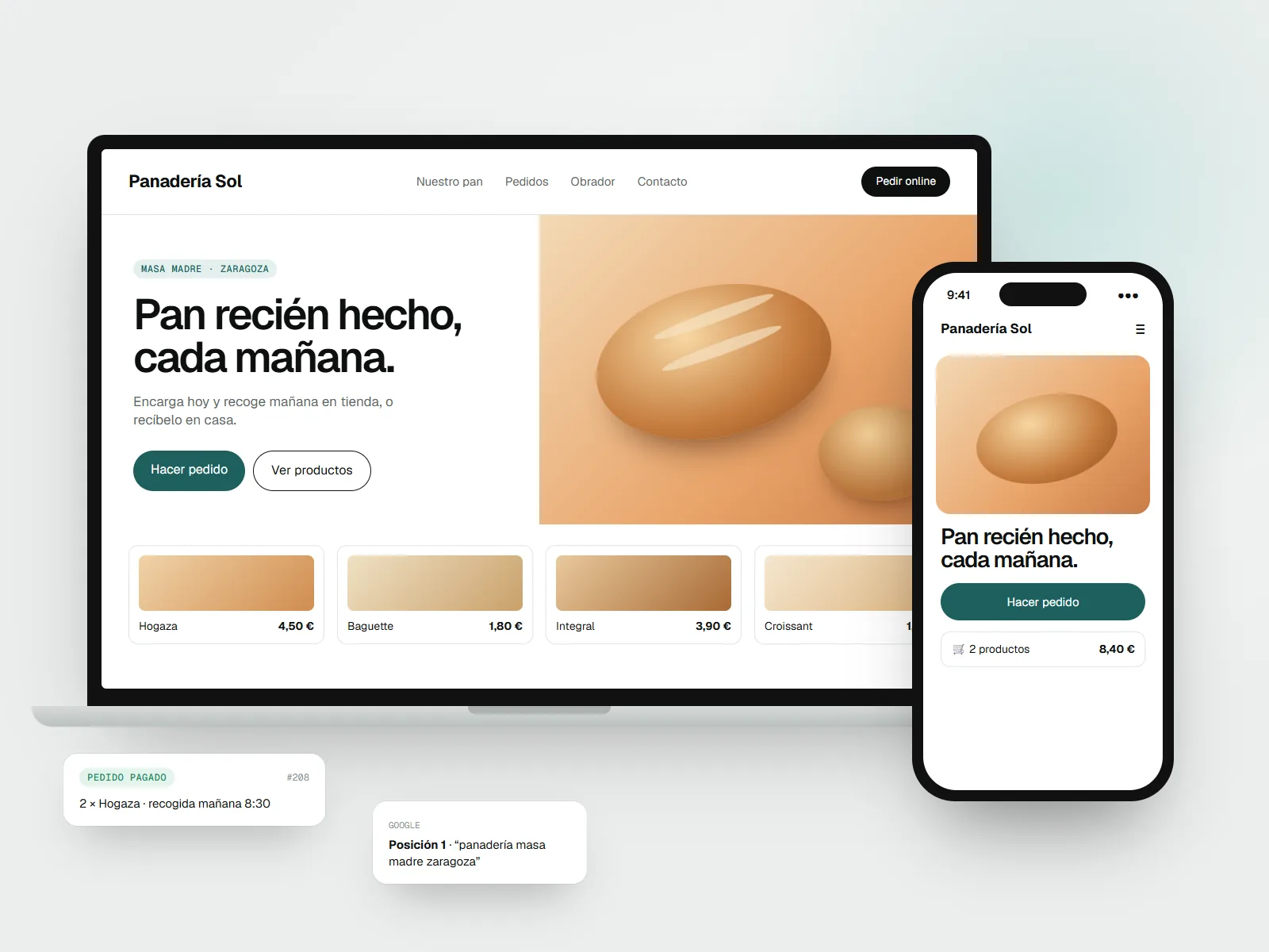 Web y tienda online de una panadería en portátil y móvil, con un pedido pagado